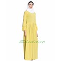 Casual abaya dress with multiple pleats and double sleeves- Lemon Yellow